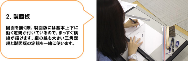 2．製図板　図面を描く際、製図版には基本上下に動く定規が付いているので、まっすぐ横線が描けます。縦の線も大きい三角定規と製図版の定規を一緒に使います。