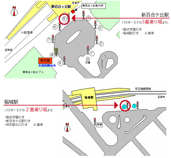 新百合ヶ丘駅5番乗り場より、「駒沢学園行き」「稲城駅行き」に乗車。稲城駅2番乗り場より、「駒沢学園行き」「新百合ヶ丘駅行き」「柿生駅北口行き」に乗車。